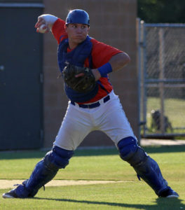 Angelina College catcher Mitchell Andrews, shown here fielding a bunt against Northeast Texas Community College, leads the Roadrunners into the weekend’s regular season-ending, three-game series against Paris College. Having clinched a post-season berth with Tuesday’s win, the ‘Runners will try and lock down the third seed in the upcoming conference tournament. (Photo by Gary Stallard)