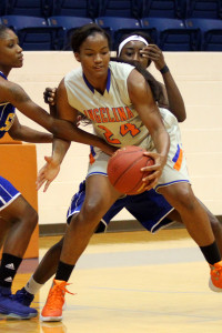 Angelina College’s Ashley Cherry (24) fights through a double team in the post during Wednesday’s game at Shands Gymnasium. The Lady Roadrunners moved to 5-2 on the season with a 98-53 win over the Lady Jaguars. (AC News Service)