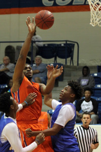 Angelina College’s Trent Brinkley puts up a short hook shot against Pro-Vision Academy during Wednesday’s scrimmage at Shands Gymnasium. The Roadrunners raced to a 109-97 win in the team’s final pre-season game before opening the regular season on Saturday. (Photo by: AC News Service)