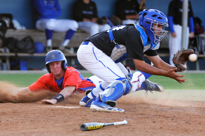  Angelina College’s Dustin West slides home safely ahead of the throw during Monday’s doubleheader against TCS Post Grad. The Roadrunners won their fourth straight by taking a 9-4, 7-2 sweep at Roadrunner Field. (Photo by AC Press)