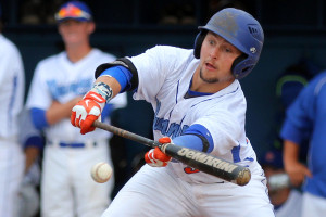 Angelina College’s Mitch Henshaw drops a bunt to move runners during Thursday’s game against Panola. The Roadrunners took a 7-3 win over the Ponies in the series opener at Roadrunner Field. (AC Press photo)