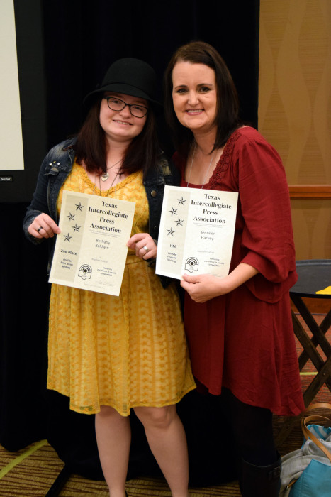 Angelina College students Bethany Baldwin (left) and Jennifer Harvey pose with awards earned at the recent Texas Intercollegiate Press Association (TIPA) conference held in Dallas. Baldwin earned second-place in the on-site news writing contest, and Harvey earned honorable mention honors in the on-site feature writing contest. AC’s Student Publications members earned nine awards in the competition featuring students from both two- and four-year institutions. (Contributed photo)